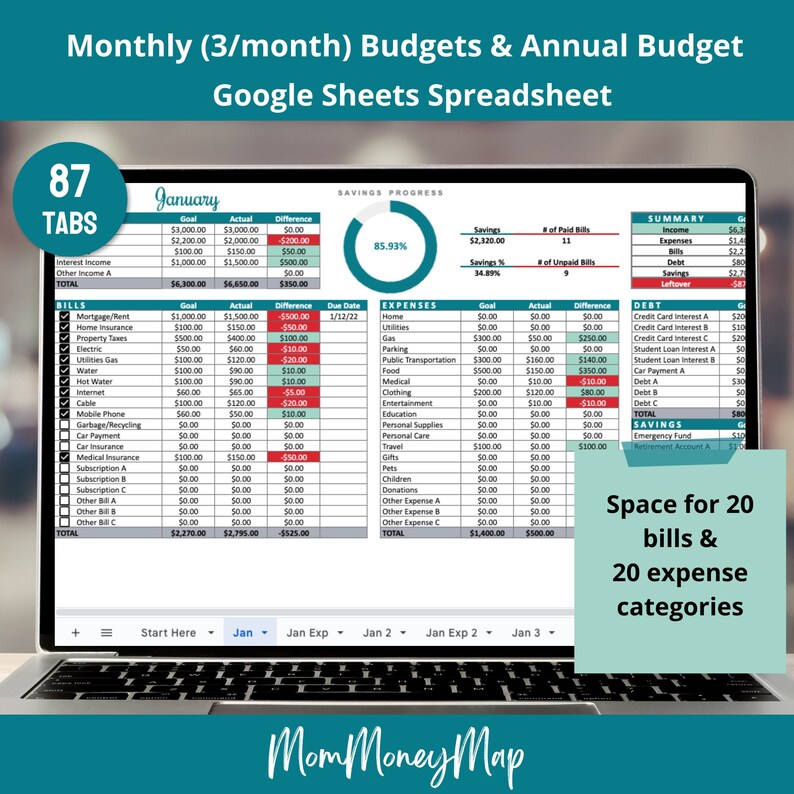 3 Monthly Budget Google Sheets Spreadsheets Planner Template, Plan and Track your 3 Budgets per Month Digitally, Includes an Annual Summary image 1