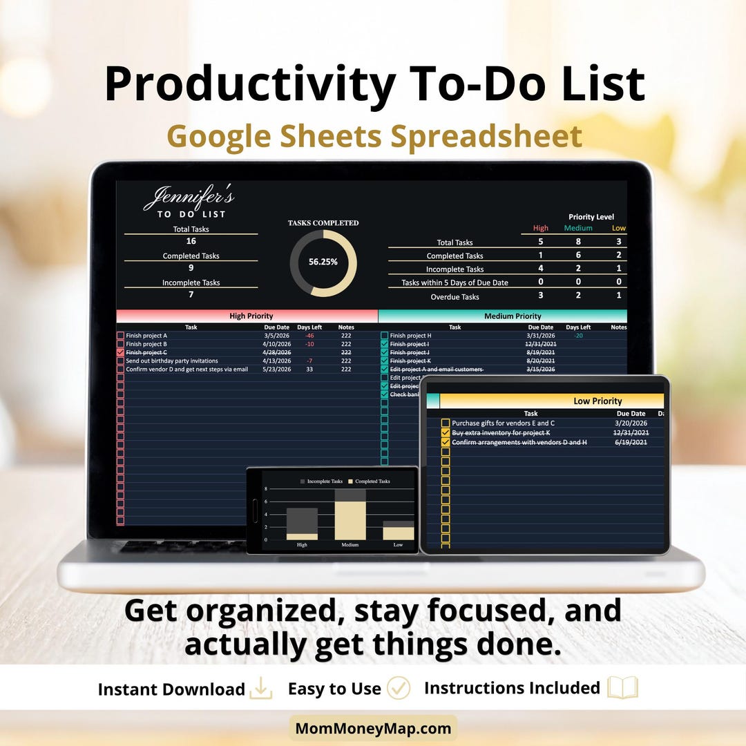 Productivity Dark Mode to Do List Google Sheets Spreadsheet, Task ...