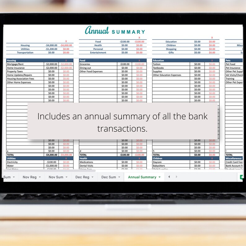 Checkbook Register With Monthly & Annual Summaries Google Sheets