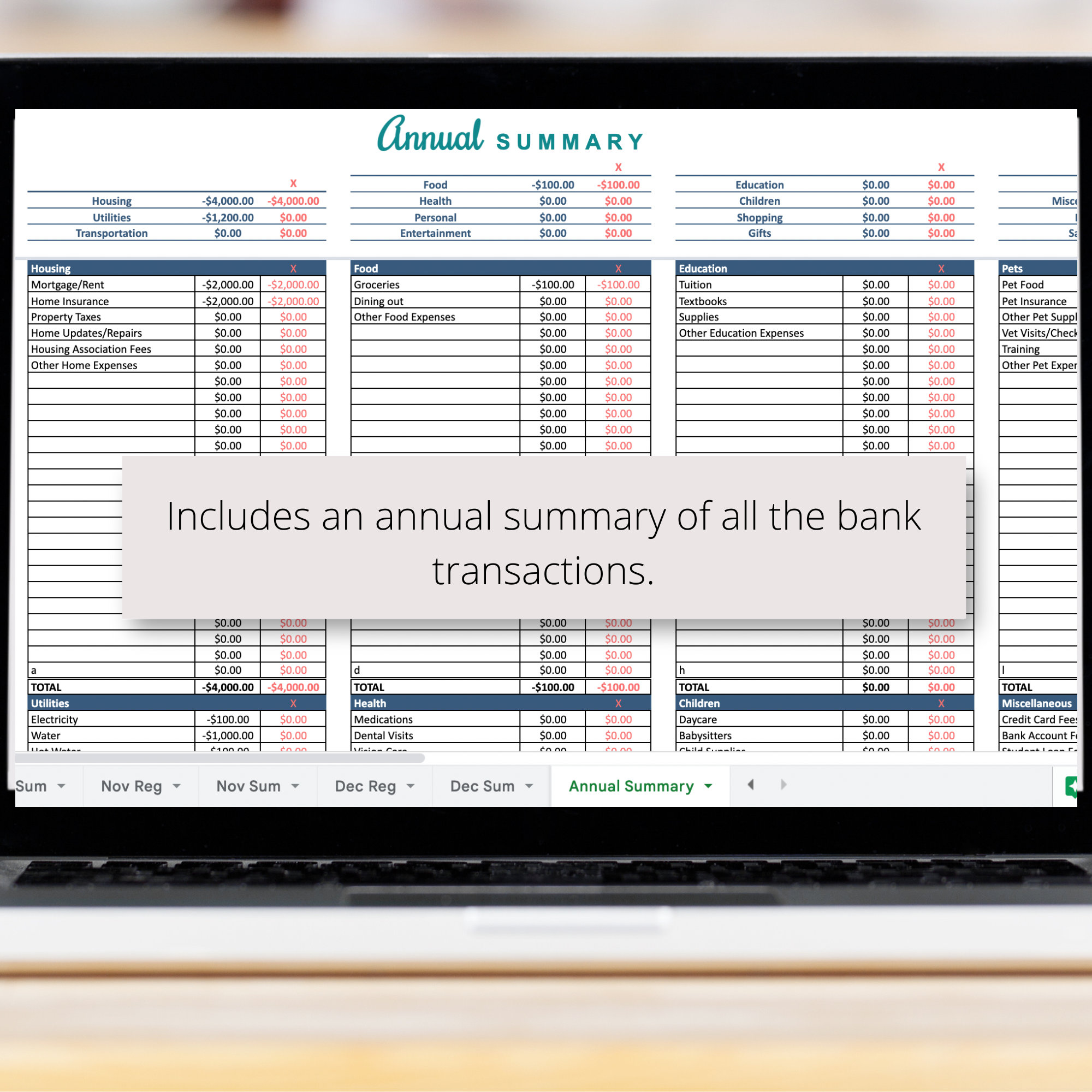 Check Transaction Spreadsheet Checkbook Register With Monthly & Annual Summaries Google Sheets ...