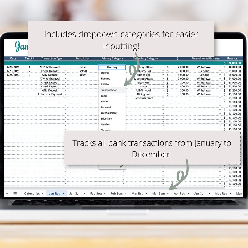 Check Transaction Spreadsheet Bank Transaction Register Google Sheets Spreadsheet, Monthly and Annual ...