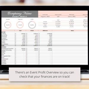 May include: A spreadsheet on a laptop screen displays an event profit overview, outlining the goal, actual figures, and difference for income and expenses. Categories include ticketing, sponsorship, advertising, donations, merchandise, auction, vendors, miscellaneous, marketing and promotion, signage and branding, speakers, staffing, d&eacute;cor, photography/video, music, entertainment, pre-event, reception, and post-event. A pie chart illustrates the percentage breakdown of income, expenses, and profit.