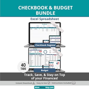 Checkbook Register and Monthly Budget Bundle Excel Spreadsheet with Annual Summaries, Digital Budget and Check Register Transaction Template