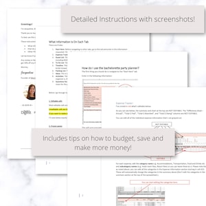 May include: A printable bachelorette party planner with detailed instructions and screenshots. The planner includes tabs for guest list, timeline, packing list, ideas, activities, and questions. The planner also includes a budget tracker with editable cells for expenses.