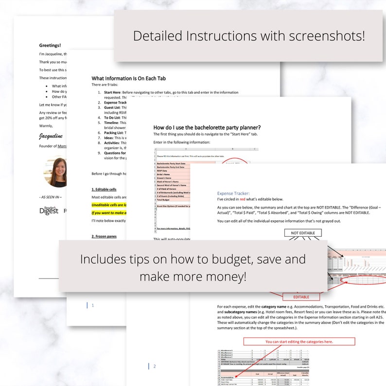 May include: A printable bachelorette party planner with detailed instructions and screenshots. The planner includes tabs for guest list, timeline, packing list, ideas, activities, and questions. The planner also includes a budget tracker with editable cells for expenses.