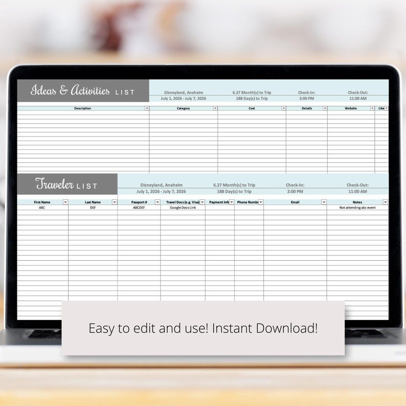 Vacation Planner Excel Spreadsheet Template, Editable Trip Organizer ...
