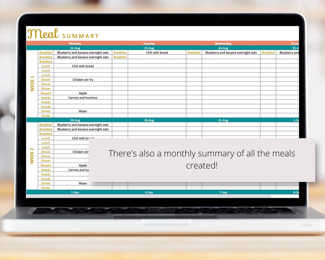 Weekly Meal Planner Excel Spreadsheet Template With Editable Snacks ...