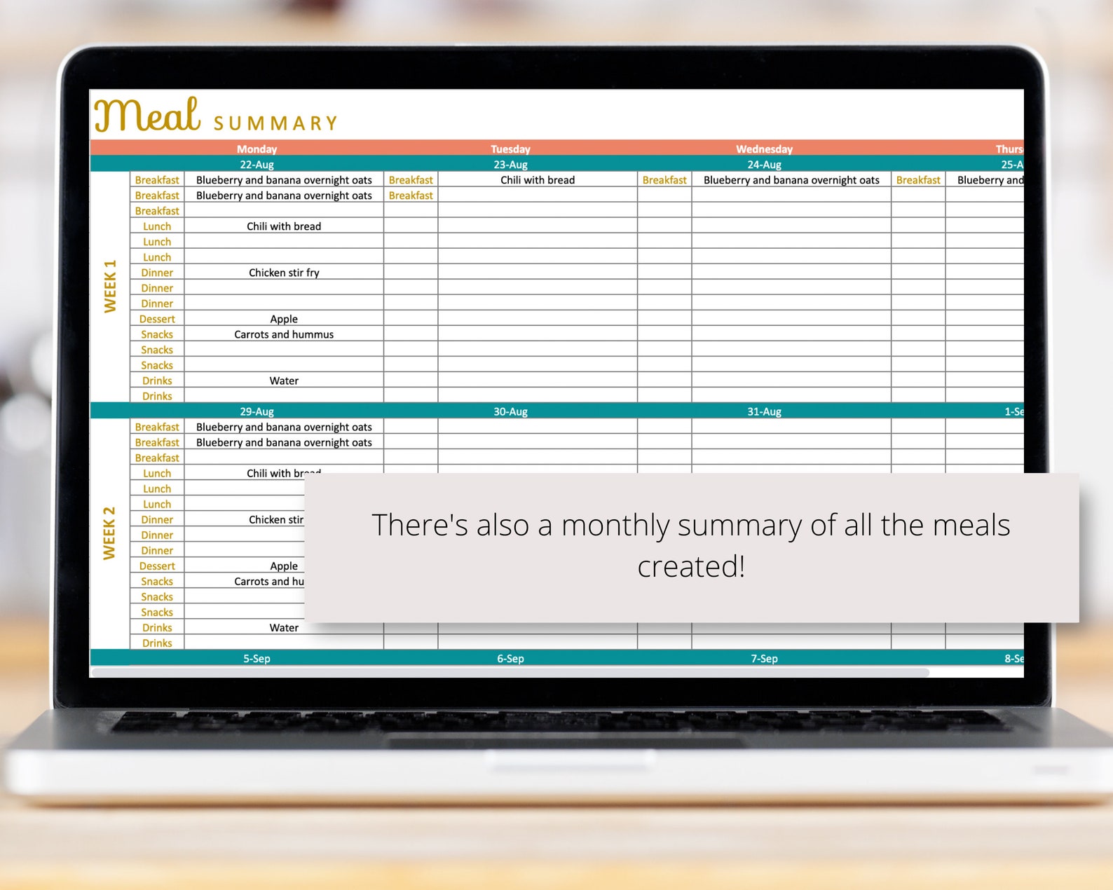 Weekly Meal Planner Excel Spreadsheet Template With Editable Snacks ...