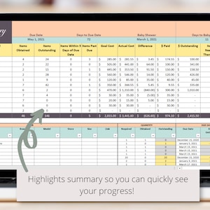 May include: A laptop computer screen displaying a spreadsheet with a green, blue, and white color scheme. The spreadsheet is titled "Registry" and includes columns for "Items Obtained", "Items Outstanding", "Items Within 5 Days of Due Date", "Items Past Due", "Goal Cost", "Actual Cost", "Difference", "$ Paid", "$ Outstanding", and "Items Needing Thank You". The spreadsheet also includes a section titled "Baby Shower" with a due date of March 1, 2021. The spreadsheet is used to track progress on a registry for a baby shower.