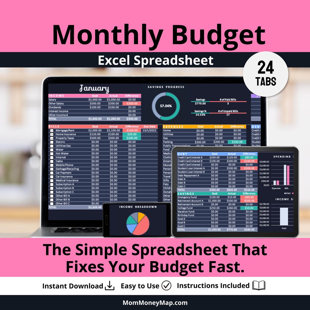 Monthly Budget Dark Mode Spreadsheet Excel Template, Black Paycheck ...