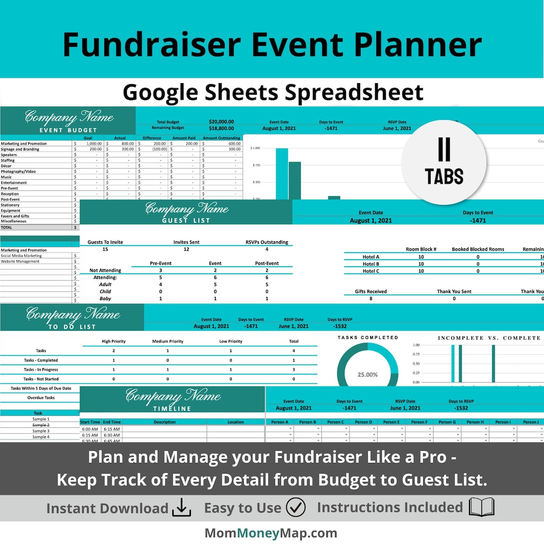 Fundraiser Event Planner Google Sheets Spreadsheet, Budget & Guest List ...