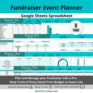 Fundraiser Event Planner Google Sheets Spreadsheet, Budget & Guest List Tracker, Nonprofit Gala Organizer, Fundraising Spreadsheet Template