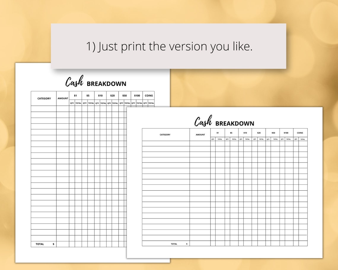 Cash Breakdown Sheet Printable PDF Money Breakdown Form by - Etsy Canada
