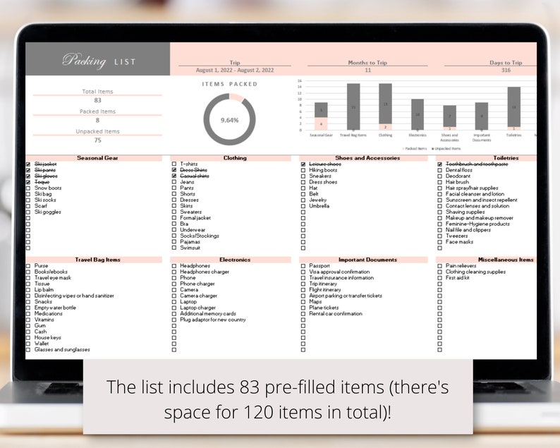 Packing List Excel Spreadsheet Template for Vacation Vacation Travel