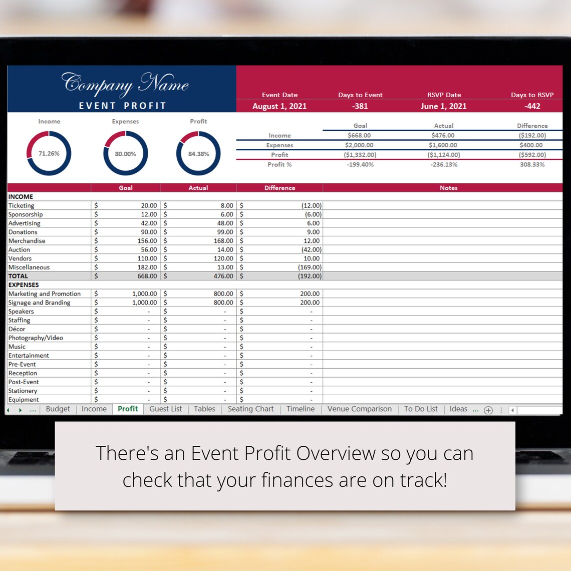 Fundraiser Event Planner Digital Excel Spreadsheet Template for