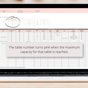 May include: A spreadsheet on a laptop screen with a pink and white color scheme. The spreadsheet is for wedding planning and includes sections for attendance, reception, and gifts. The table number turns pink when the maximum capacity for that table is reached.