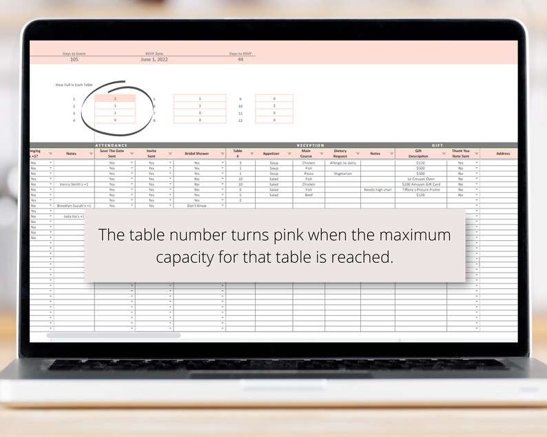 May include: A spreadsheet on a laptop screen with a pink and white color scheme. The spreadsheet is for wedding planning and includes sections for attendance, reception, and gifts. The table number turns pink when the maximum capacity for that table is reached.