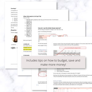 May include: A close-up of a document with the title "Wedding Expense Tracker" and a section titled "Includes tips on how to budget, save and make more money!" The document is a printable guide for planning a bridal shower and includes tips on how to budget and save money.