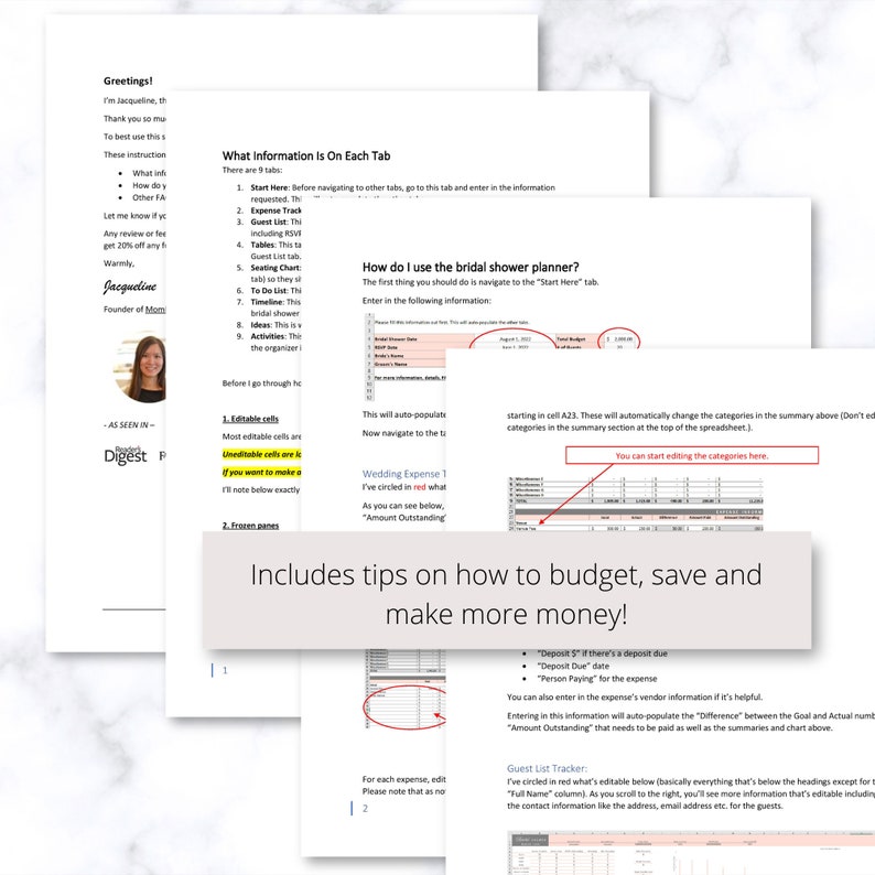 May include: A close-up of a document with the title "Wedding Expense Tracker" and a section titled "Includes tips on how to budget, save and make more money!" The document is a printable guide for planning a bridal shower and includes tips on how to budget and save money.