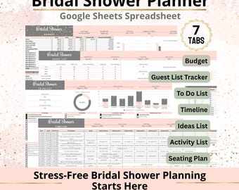Bridal Shower Planner Google Sheets Spreadsheet Template for Planning Guests, Budget, Checklist, Gifts and Shower Details (Digital Download)