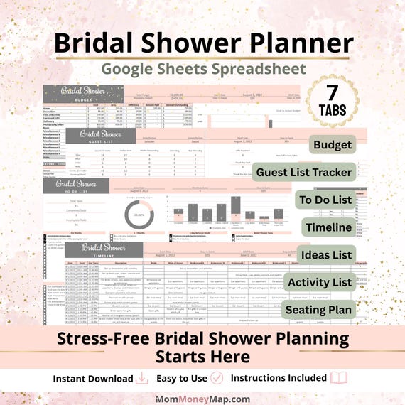 Bridal Shower Planner Google Sheets Spreadsheet Template for Planning Guests, Budget, Checklist, Gifts and Shower Details (Digital Download)