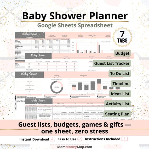 Baby Shower Planner Excel Spreadsheet Template for Planning Guests, Budget, Checklist, Timeline, Activities and Party Details