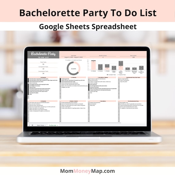 Bachelorette Party Checklist Google Sheets Spreadsheet Template for Planning Tasks, Decorations, Activities, Guests and Party Details