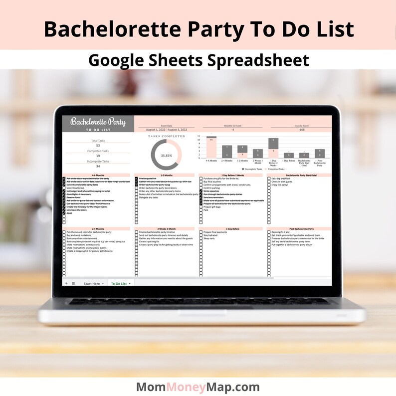 Puede incluir: Una pantalla de computadora port&aacute;til que muestra una hoja de c&aacute;lculo de Google Sheets con un esquema de color rosa y gris. La hoja de c&aacute;lculo se titula "Lista de cosas que hacer para una despedida de soltera" e incluye una lista de verificaci&oacute;n de tareas para completar para una despedida de soltera. La hoja de c&aacute;lculo tambi&eacute;n incluye una barra de progreso y un gr&aacute;fico circular que muestra el porcentaje de tareas completadas.