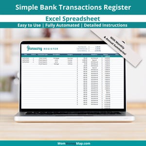 Puede incluir: Un ordenador portátil que muestra una hoja de cálculo con el título "Simple Bank Transactions Register" y el texto "January REGISTER". La hoja de cálculo incluye columnas para la fecha, el número de cheque, el tipo de transacción, la descripción, la categoría, el depósito o el retiro, y el saldo.