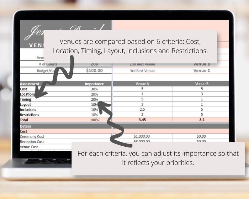 Wedding Venues Comparison Google Sheets Spreadsheet Compare Etsy