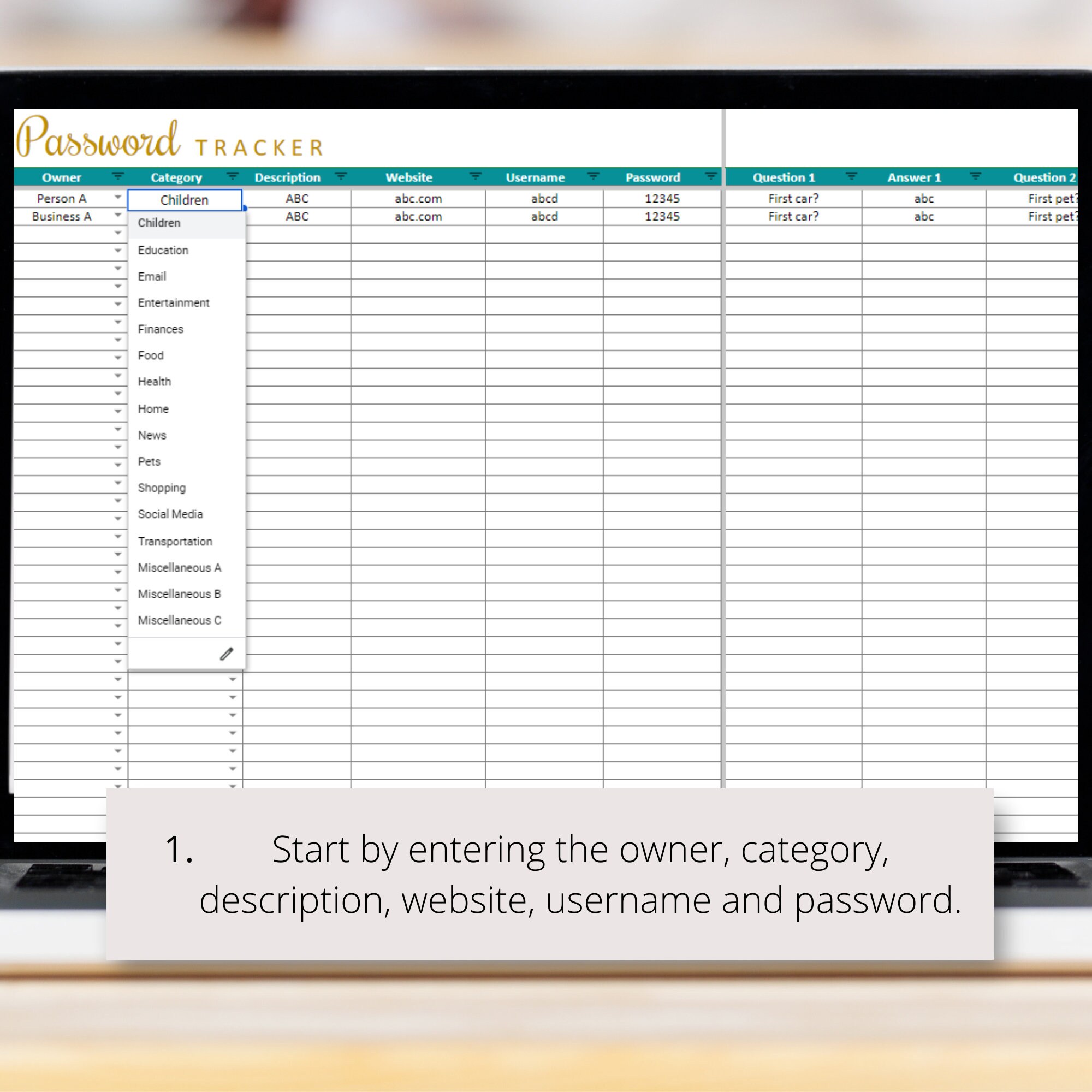 Password Tracker Google Sheets Spreadsheet to Log Logins and Passwords ...