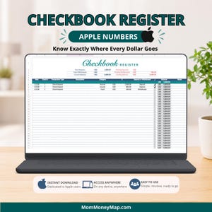 以下が含まれることがあります： Apple Numbers用のデジタル小切手帳登録テンプレートがノートパソコンの画面に表示されています。スプレッドシートには、日付、小切手番号、取引タイプ、説明、カテゴリ、残高の列があります。テキストには「Checkbook Register」および「MomMoneyMap.com」と記載されています。