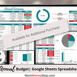 May include: A computer screen displaying a spreadsheet with a colorful pie chart and bar graphs. The spreadsheet is titled "Annual Budget" and includes categories for income, expenses, bills, debt, and savings. The text "Available for Additional Purchase" is overlaid on the spreadsheet.