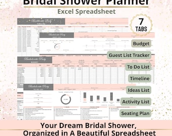Bridal Shower Planner Excel Spreadsheet Template, Bridal Shower Party Planning Bundle with a Checklist, Guest List, Budget Digital Organizer