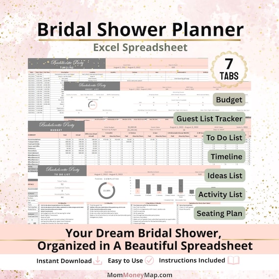 Bridal Shower Planner Excel Spreadsheet Template for Planning Guests, Budget, Checklist, Gifts and Bridal Shower Details (Digital Download)