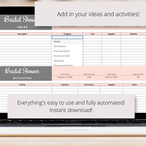 May include: A printable bridal shower planning checklist with sections for ideas, activities, and a budget. The checklist includes categories for venue, decorations, food and drinks, favors and gifts, stationery, photography/video, and more. The checklist also includes sections for event date, RSVP date, days to event, days to RSVP, organizer, instructions, supplies, notes, and ready.