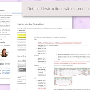 May include: A pink and white document with the title "Detailed Instructions with Screenshots!" and a section titled "Important notes about this spreadsheet". The document provides instructions on how to use a spreadsheet to track baby expenses. The document includes a screenshot of a spreadsheet with several columns and rows.