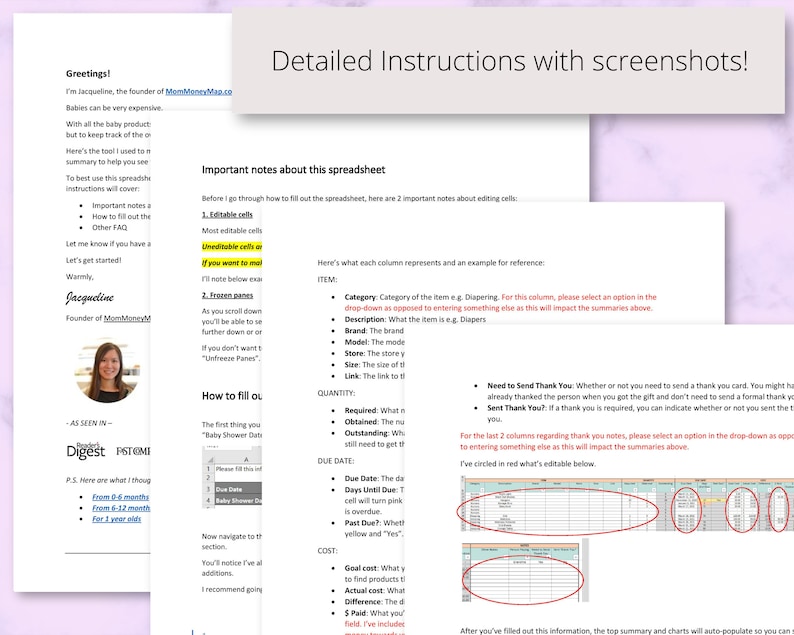 May include: A pink and white document with the title "Detailed Instructions with Screenshots!" and a section titled "Important notes about this spreadsheet". The document provides instructions on how to use a spreadsheet to track baby expenses. The document includes a screenshot of a spreadsheet with several columns and rows.