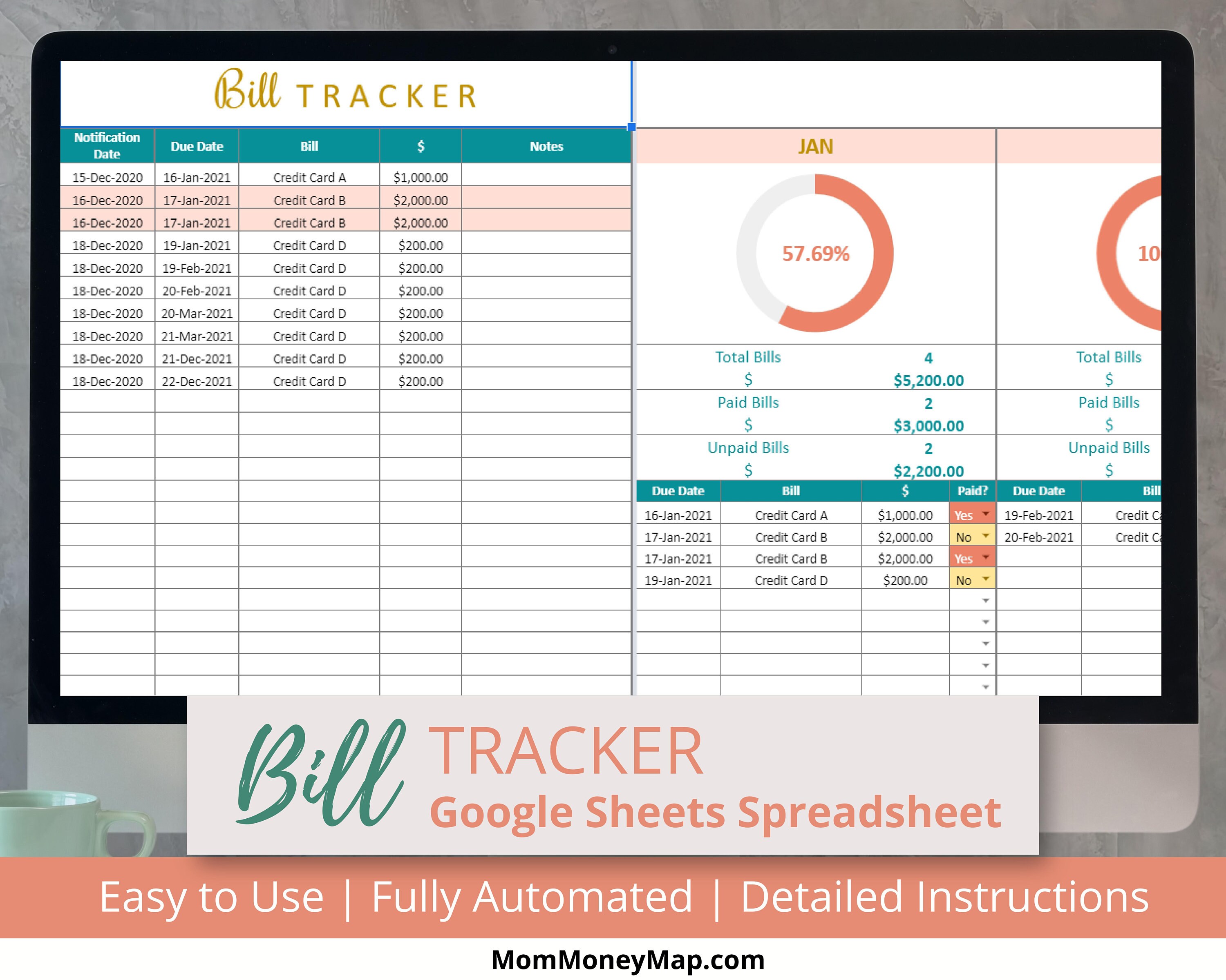 Bill Tracker Google Sheet Spreadsheet Monthly Bill Due Date Etsy