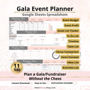 Gala Party Planner Google Sheets Spreadsheet Template for Fundraisers & Charity Events, Party Planner Organizer for Coordinators, Organizers