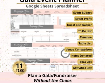 Plantilla de hoja de cálculo de Google Sheets para planificar fiestas de gala: organiza el presupuesto, los invitados y las tareas del evento benéfico.