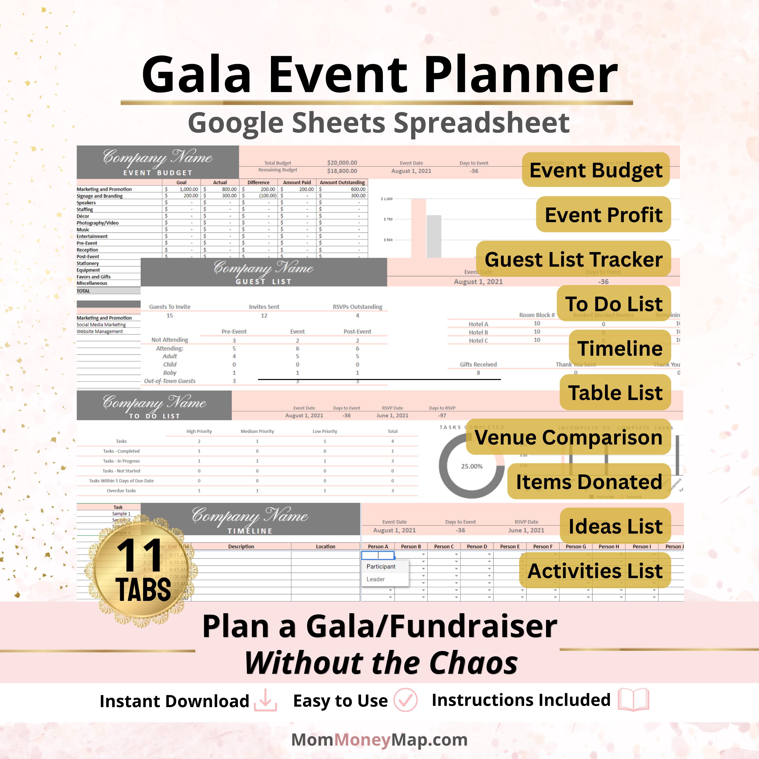 Gala Party Planner Google Sheets Spreadsheet Template for Fundraisers ...