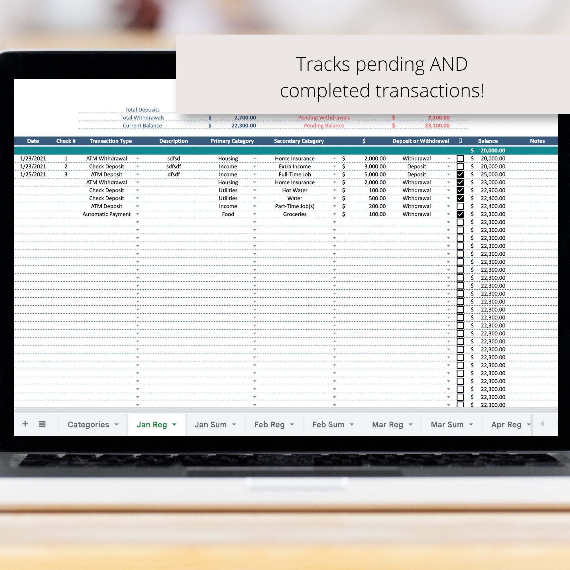 Check Transaction Spreadsheet Checkbook Register With Monthly & Annual Summaries Google Sheets ...