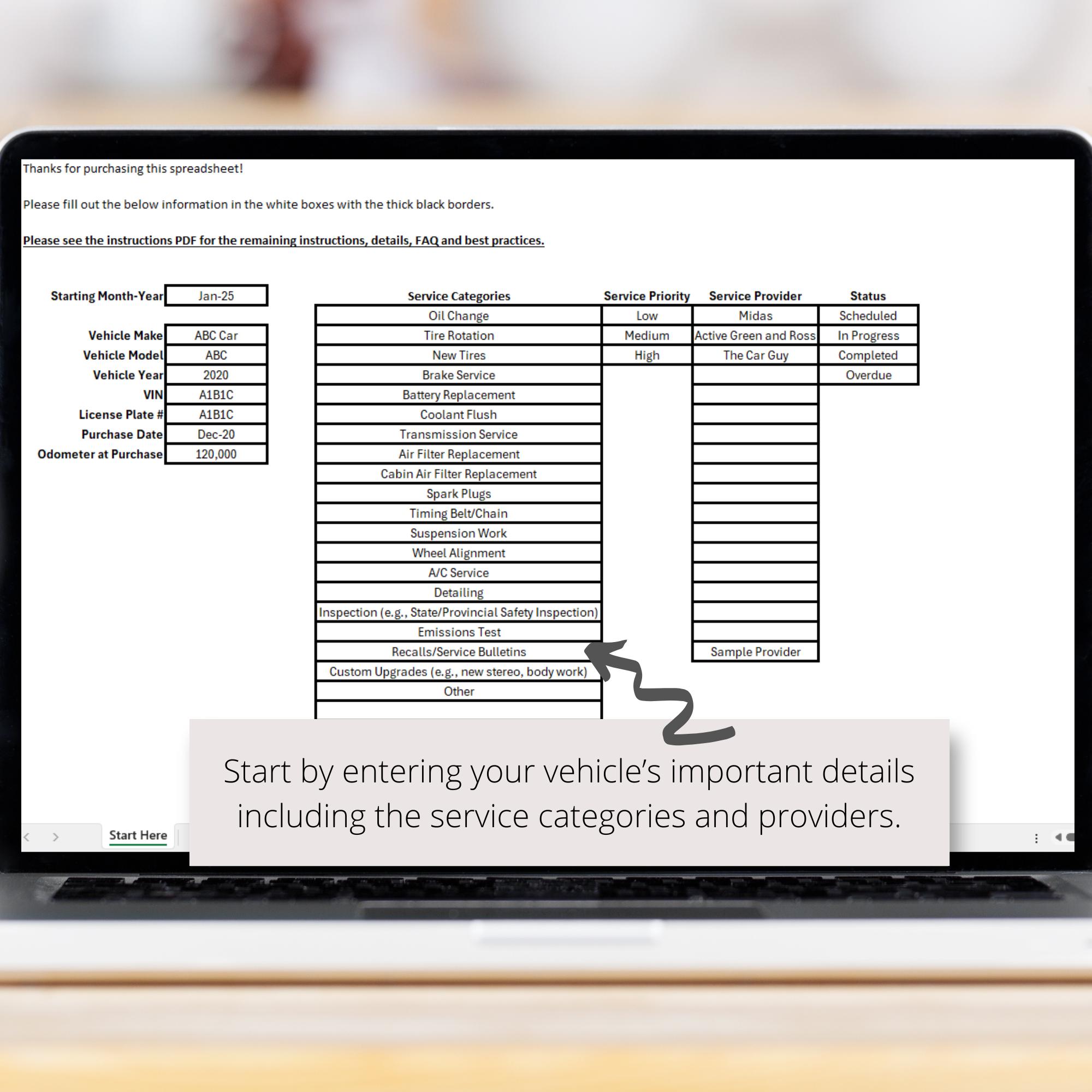 Vehicle Maintenance Log Excel Spreadsheet, Auto Maintenance Tracker ...