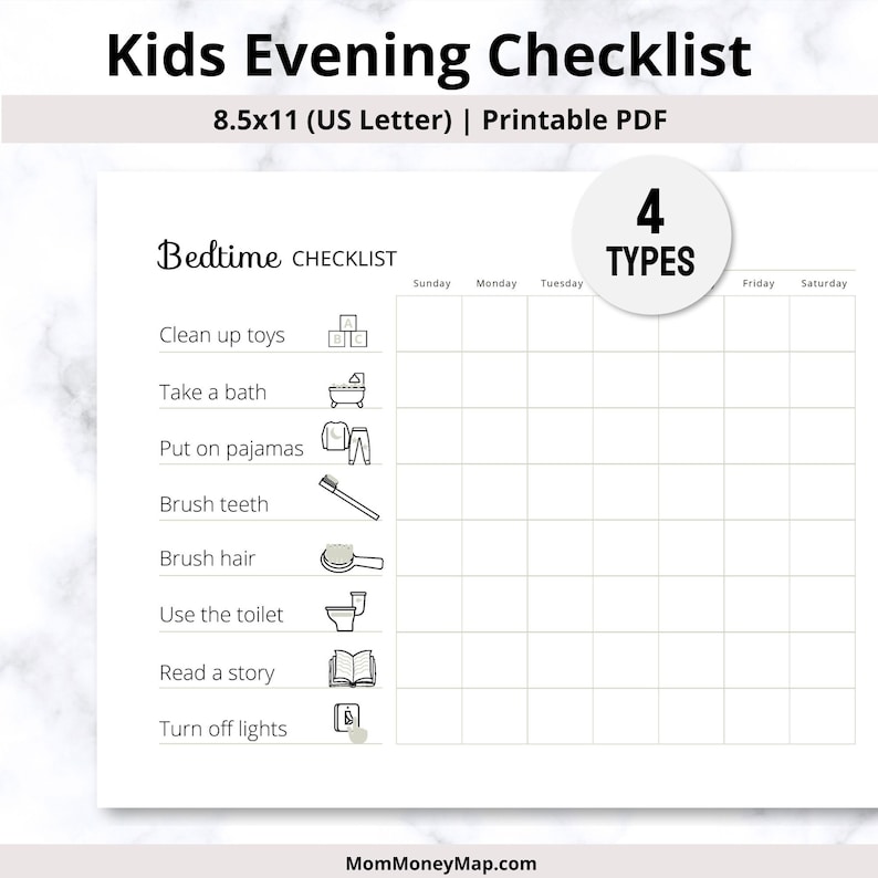 Kids Bedtime Routine Chart Checklist Printable, Evening/nighttime ...