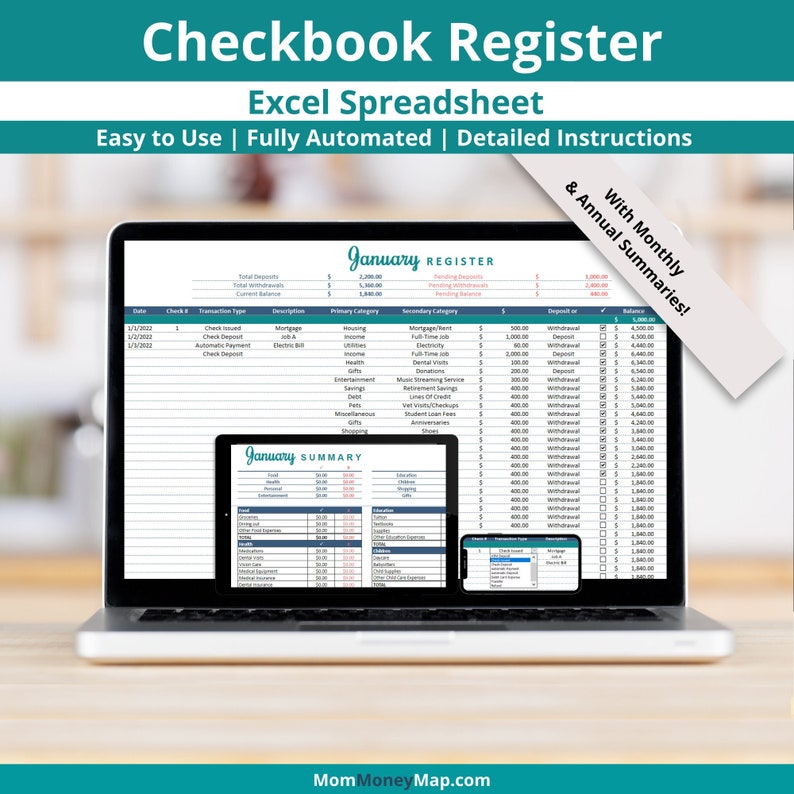Checkbook Register Excel Spreadsheet With Monthly and Annual Summaries ...