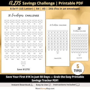 1k Savings Challenge Printable PDF, Save 1000 in 50 Days, 50 Envelope 1k Challenge, Save 1k, 1000 Saving Tracker Digital Download