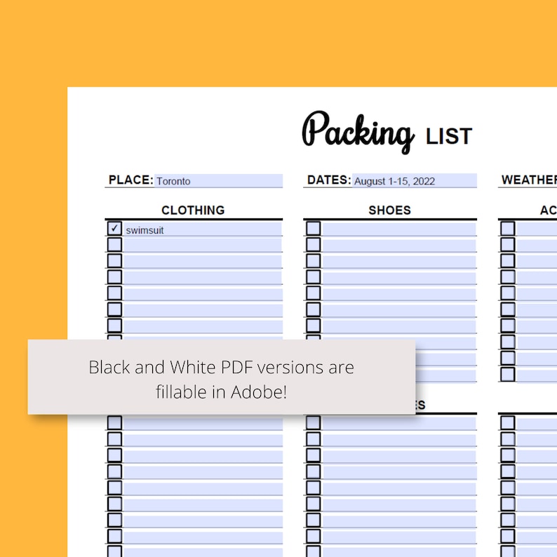 Blank Packing List Printable PDF for Travel, Editable Vacation Packing ...