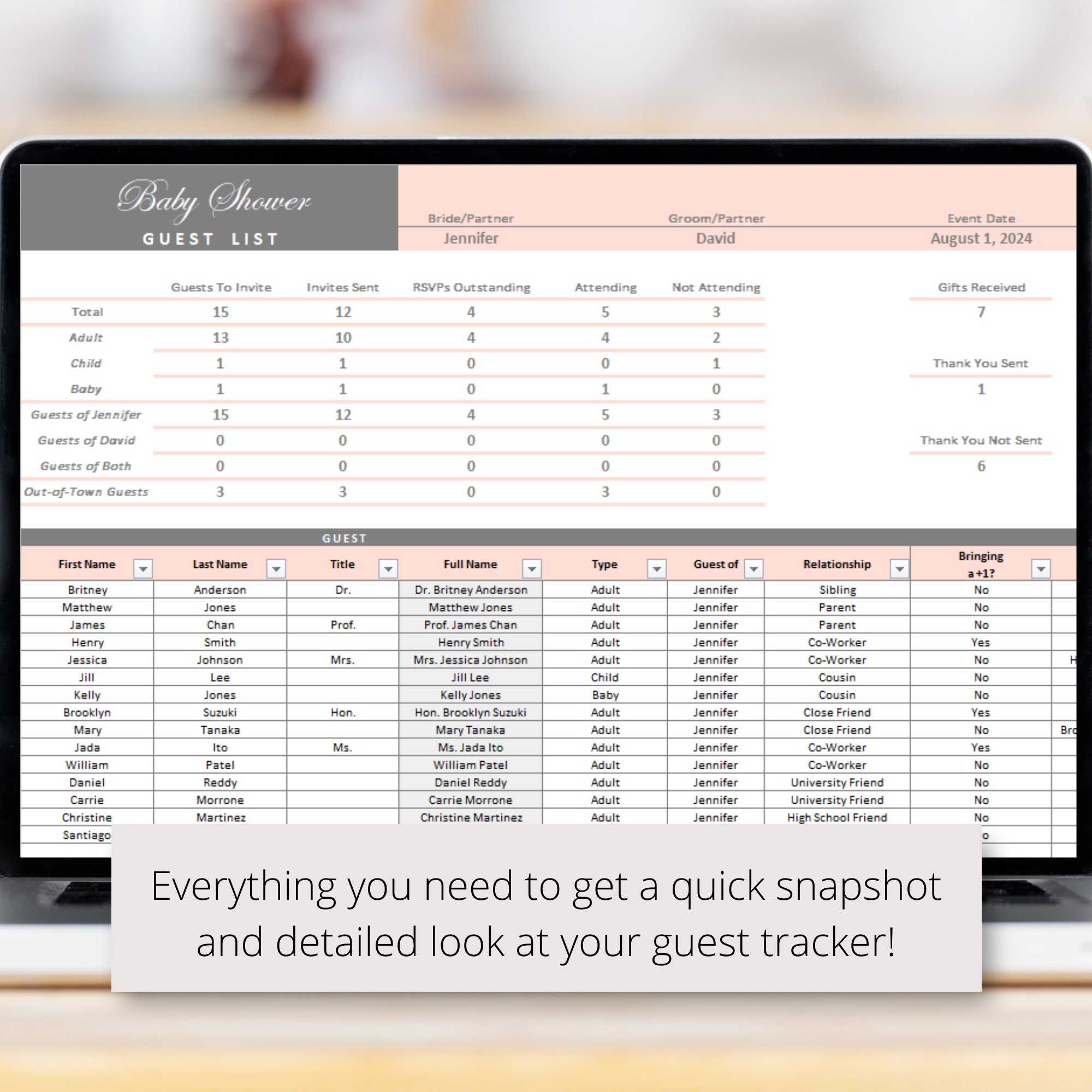 Baby Shower Guest List Template, Guest List Tracker for Baby Shower