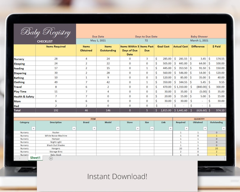 May include: A baby registry checklist spreadsheet on a laptop screen. The spreadsheet includes columns for items required, items obtained, items outstanding, days of due date, goal cost, actual cost, difference, and paid. The spreadsheet also includes a list of items with their descriptions, brand, model, store, size, link, required quantity, obtained quantity, and outstanding quantity.